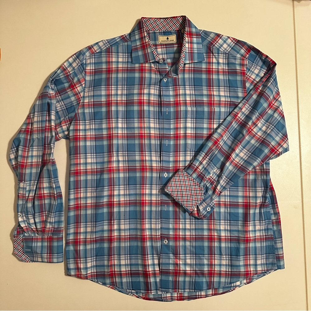 Men's Southern Pines Size XL Blue and Red Plaid Shirt
